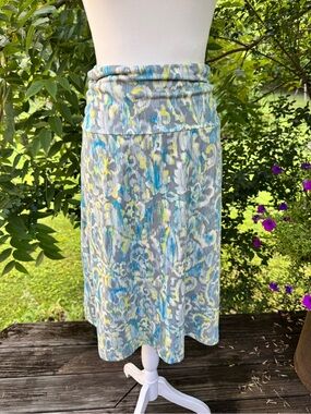 Eddie Bauer Foldover Waist Skirt Gray Blue Yellow Abstract Print Stretch Midi